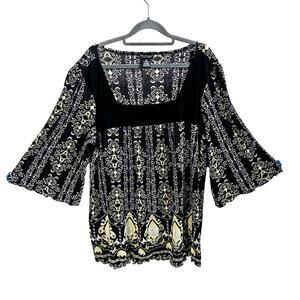 Bay Studio Womens 2X Square Neck Bell Sleeve Peasant Top Black Boho Floral Swirl